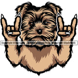 Yorkie Dog Rock And Roll Hand Sign Brown Color Design Element Puppy Pup Head Purebred Pedigree Canine K-9 K9 Animal Portrait Doggy Smile Face Cute Body Vector Clipart SVG