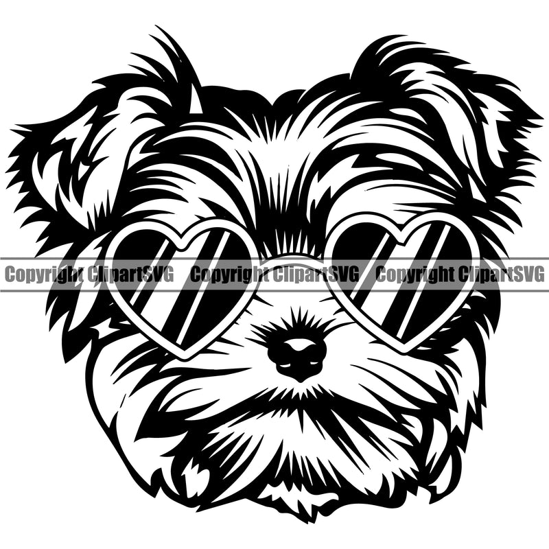 Yorkie Dog Wearing Sunglasses With Sun Hear Design Element Puppy K9 Animal Portrait Doggy Smile Face Cute Body Pup Head Purebred Pedigree Canine Vector Clipart SVG