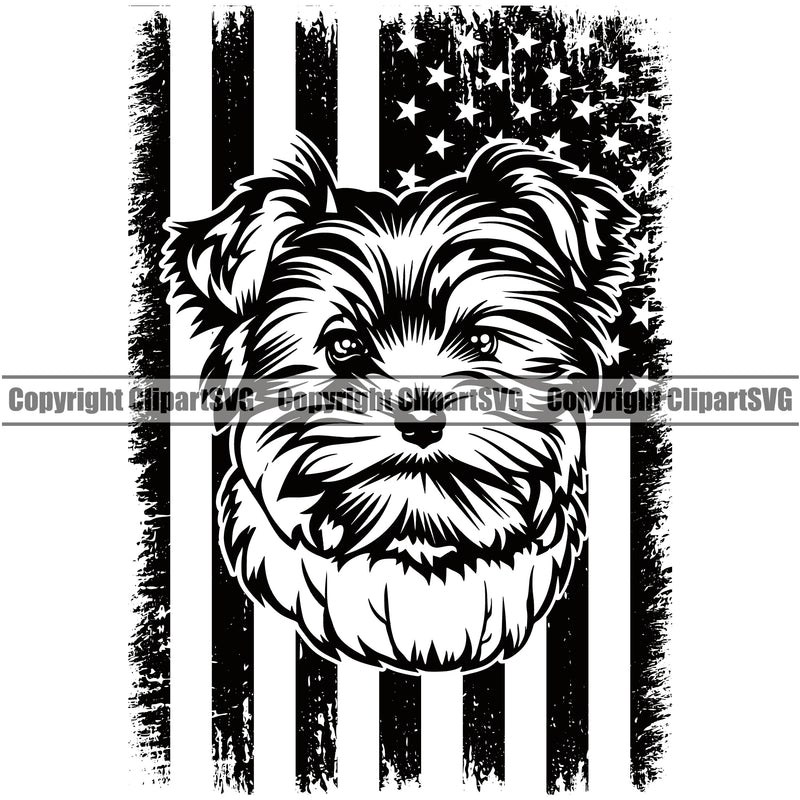 Yorkie Dog Under USA Flag Design Element Puppy Head Purebred Pedigree Canine K-9 K9 Animal Portrait Doggy Smile Face Cute Body Vector Clipart SVG