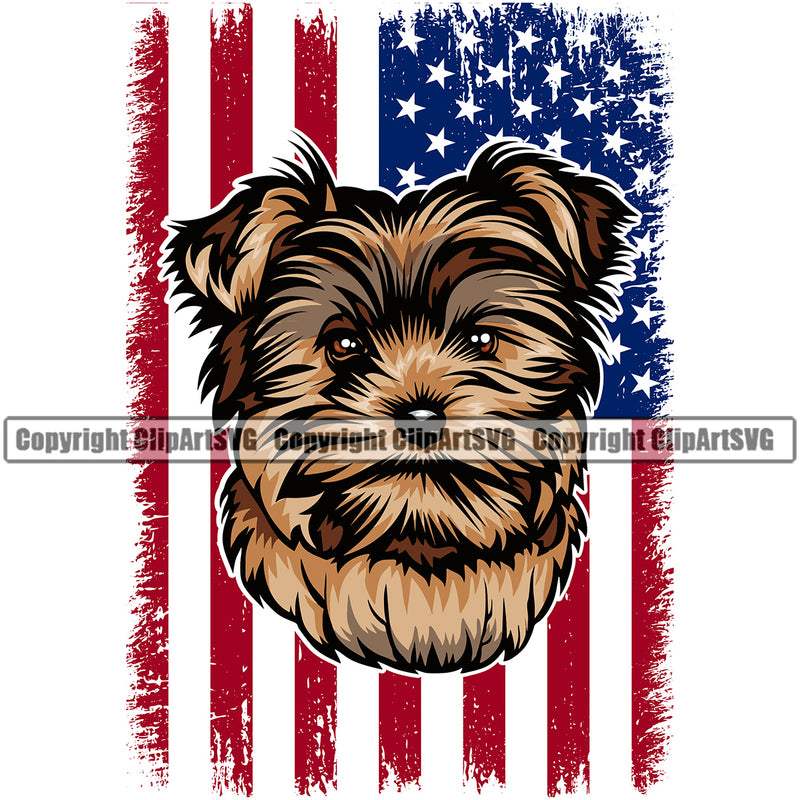 Yorkie Dog Under USA Flag Color Design Element Puppy Pup Head Purebred Pedigree Canine K-9 K9 Animal Portrait Doggy Smile Face Cute Body Vector Clipart SVG