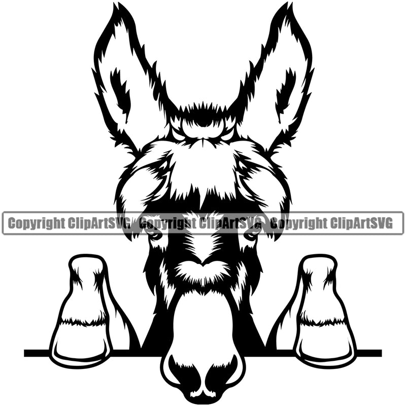 Donkey Donkeys Head Farm Domestic Animal Pet Face Peeking Mascot Cartoon Burro Mule Horse Livestock Black Silhouette Symbol Clipart SVG