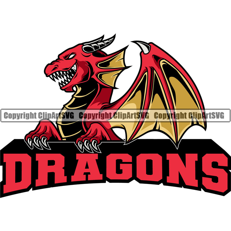 Red Text Title Angry Dragon With Long Wings Sports Team Mascot Design Vector Clipart SVG