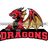 Red Text Title Angry Dragon With Long Wings Sports Team Mascot Design Vector Clipart SVG