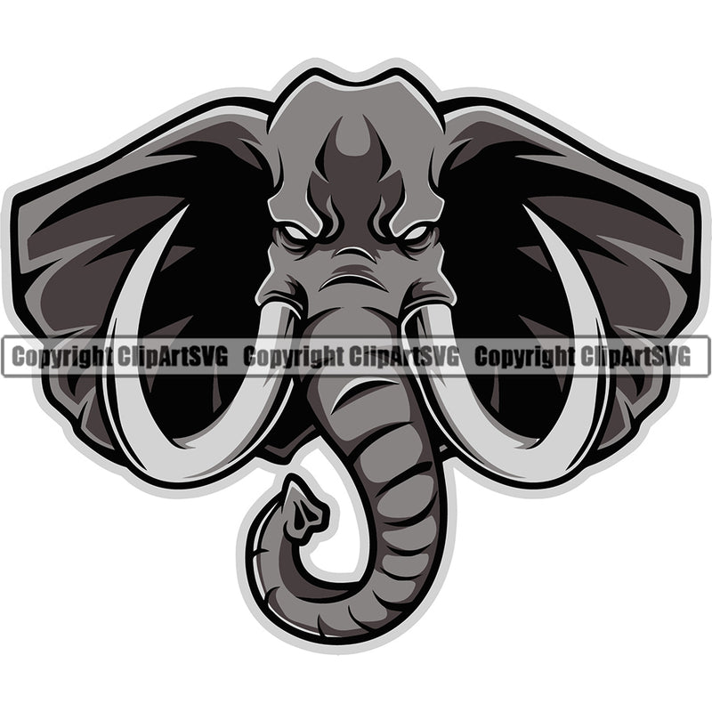Eyes Gray Color Mammal Elephant Head Logo With Trunk Wildlife Sports Team Vector Mascot Design ClipArt SVG