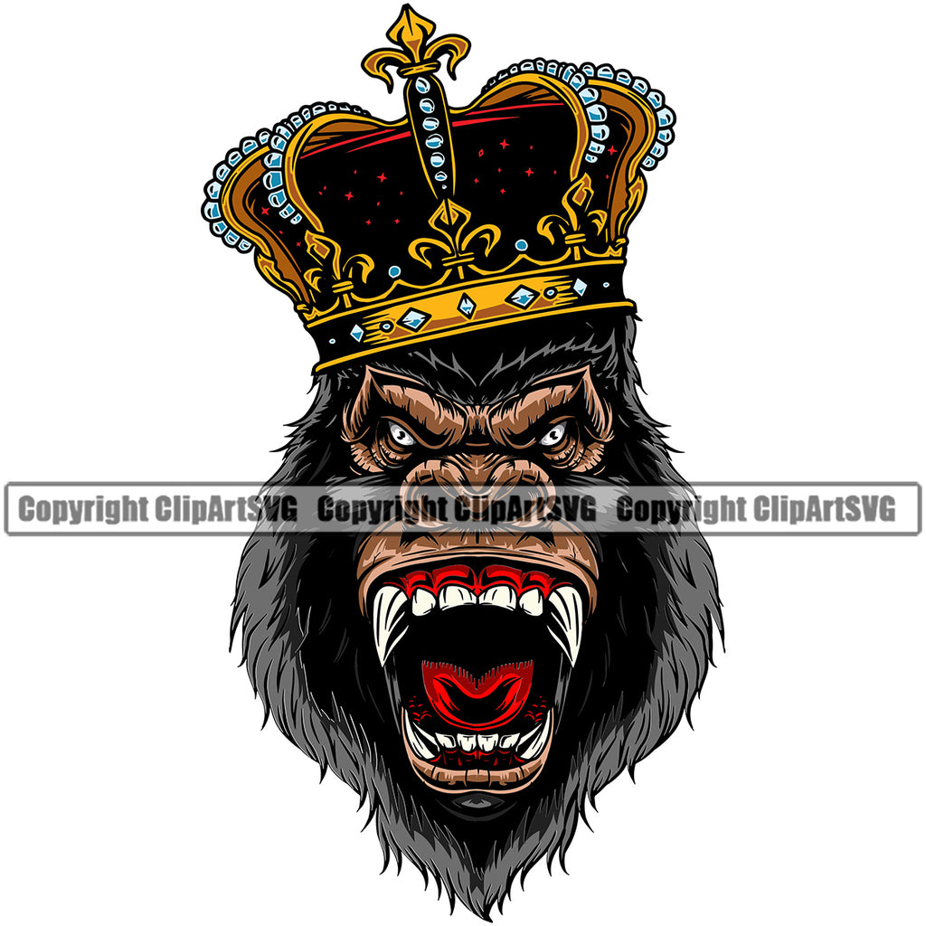 Jungle Animal Angry Gorilla Crown Color Red Mouth Graphic Art Sports Team Mascot Game Fantasy eSport Emblem Logo Symbol Clipart SVG