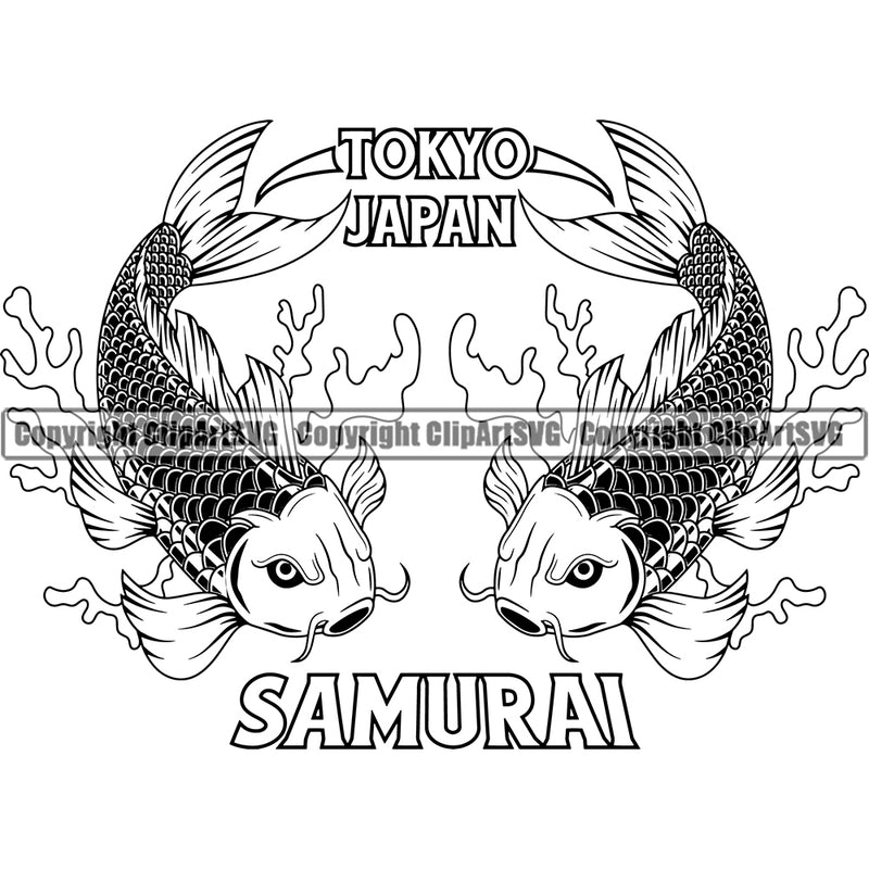 Koi Fish Koi Fishs Koi Fish Japanese Tattoo Asian Oriental Art Artwork Japan Yin Yang Design Logo Water Pond Black Silhouette Full Symbol Clipart SVG