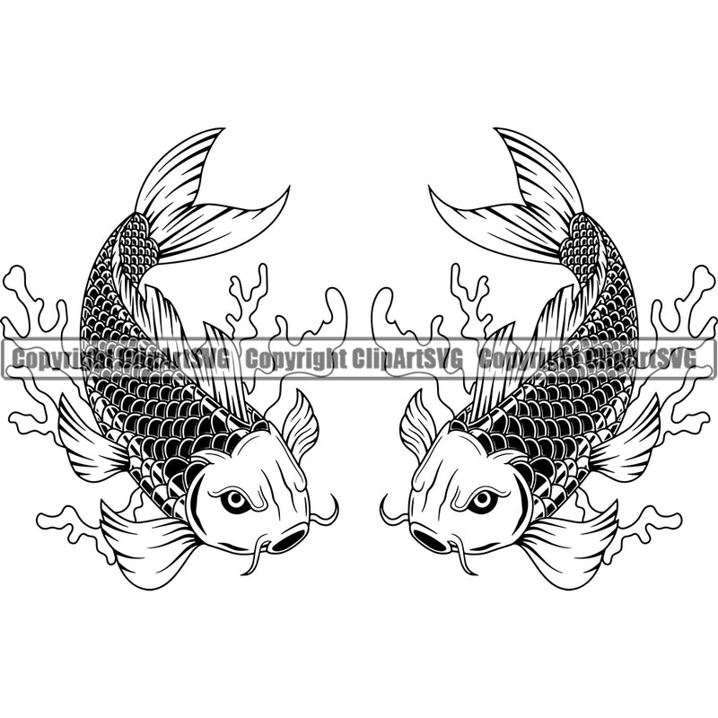 Koi Fish Koi Fishs Koi Fish Japanese Tattoo Asian Oriental Art Artwork Japan Yin Yang Design Logo Water Pond Black Silhouette Symbol Clipart SVG