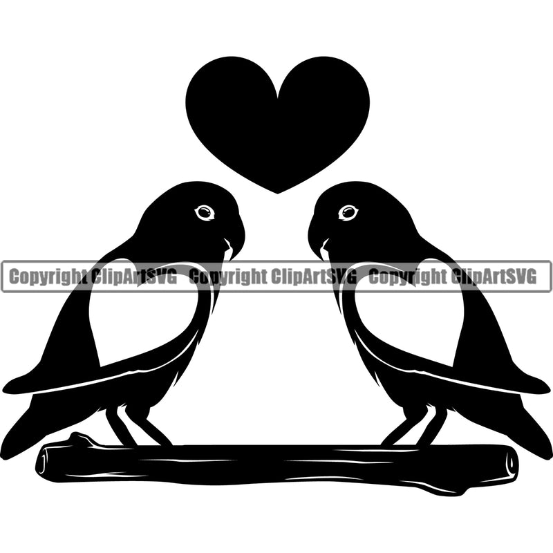 Parrot Parrots Love Bird Couple Romance Silhouette Cute Family First Kiss Cute Heart Branch Wall Art Card Black Silhouette Symbol Clipart SVG