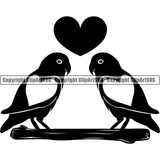 Parrot Parrots Love Bird Couple Romance Silhouette Cute Family First Kiss Cute Heart Branch Wall Art Card Black Silhouette Symbol Clipart SVG
