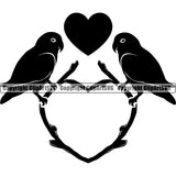 Parrot Parrots Love Bird Couple Romance First Kiss Cute Heart Branch Silhouette Cute Family Wall Art Card Black Silhouette Symbol Clipart SVG