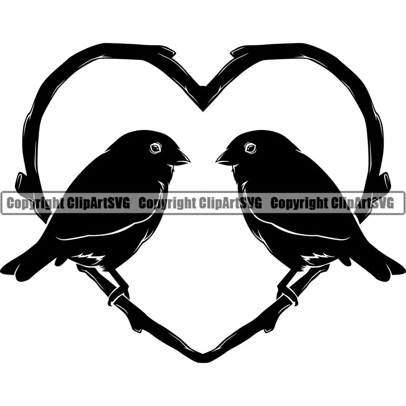 Parrot Parrots Love Bird Couple Romance Silhouette Cute First Kiss Cute Heart Branch Family Wall Art Card Black Silhouette Symbol Clipart SVG