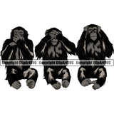 Monkey Monkeys Speak See Hear No Evil Gorilla Ape Chimpanzee Primate Jungle Wild Wildlife Animal Logo Black Silhouette Symbol Clipart SVG
