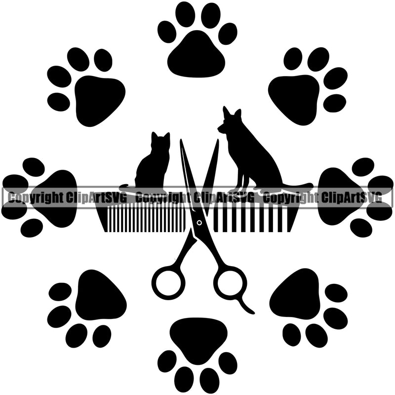 Dog Dogs Cat Cats Pet Grooming Shop Groomer Barber Comb Salon Dog Bone Hair Cut Paw Print Hairstyle Puppy Canine Wash Animal Black Silhouette Symbol Clipart SVG