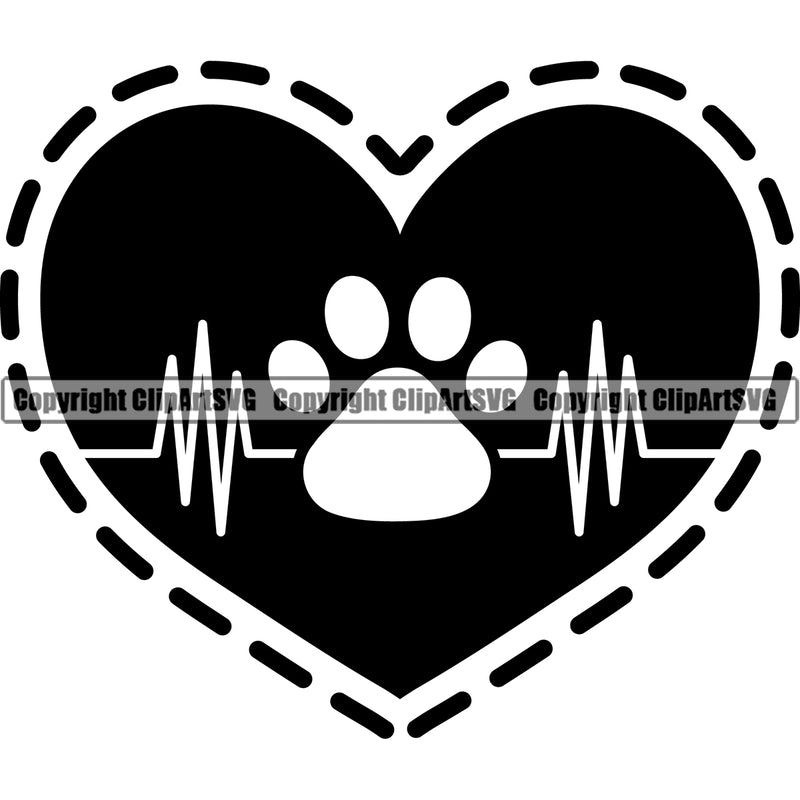 Dog Dogs Cat Cats Pet Heartbeat Heart Beat Love Heart Dog Breed Paw Puppy Pup Design Logo Paw Print Black Silhouette Symbol Clipart SVG