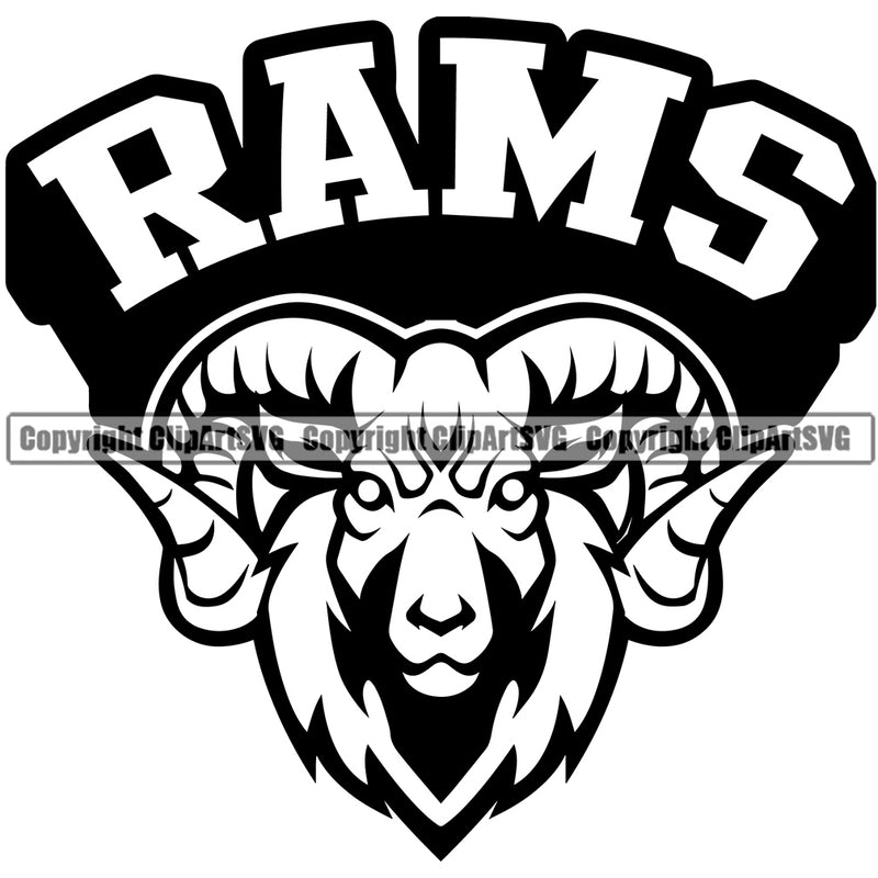 Ram Horn Sheep Mascot School Team Animal Rams Head Face Sport eSport Game Emblem Sign Badge Icon Label Text Design Full Logo Clipart SVG