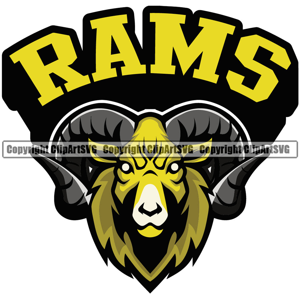 Ram Horn Sheep Mascot School Team Animal Rams Head Face Sport eSport Game Emblem Sign Badge Icon Label Text Design Full Color Logo Clipart SVG
