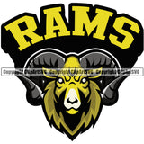 Ram Horn Sheep Mascot School Team Animal Rams Head Face Sport eSport Game Emblem Sign Badge Icon Label Text Design Full Color Logo Clipart SVG