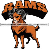 Ram Horn Sheep Mascot School Team Standing Sport eSport Game Emblem Sign Badge Icon Animal Rams Label Text Design Color Full Logo Clipart SVG