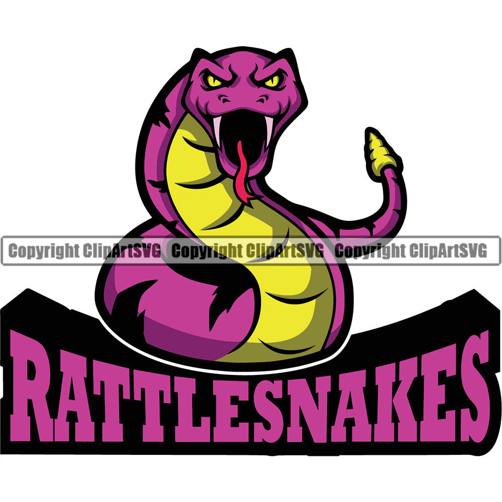 Rattlesnake Snake Mascot School Team Animal Rattlesnakes Head Face Sport eSport Game Emblem Sign Badge Icon Label Text Design Full Color Logo Clipart SVG