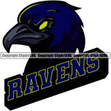 Raven Bird Mascot School Team Animal Ravens Head Face Sport eSport Game Emblem Sign Club Badge Art Icon Label Text Design Full Color Logo Clipart SVG