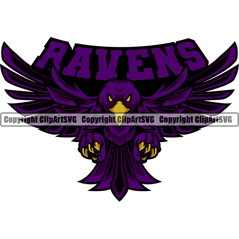 Raven Bird Mascot School Team Flying Sport eSport Game Emblem Sign Club Badge Animal Ravens Art Icon Label Text Design Full Logo Clipart SVG