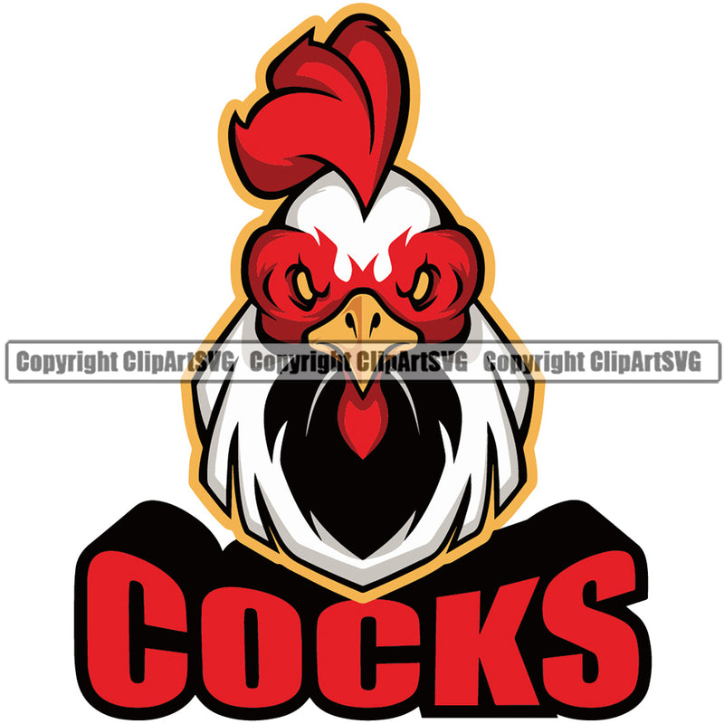 Rooster Chicken Cock Hen Mascot School Team Animal Roosters Head Face Sport eSport Game Emblem Sign Badge Art Text Design Full Logo Clipart SVG