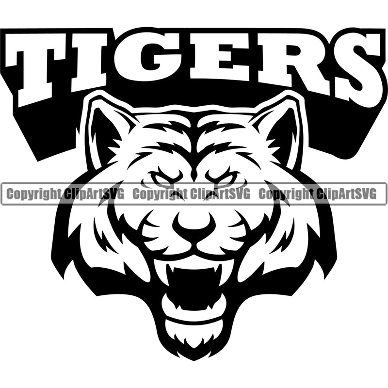 Tiger Mascot School Team Animal Tigers Head Face Sport eSport Game Emblem Sign Club Badge Art Icon Label Text Design Full Logo Clipart SVG