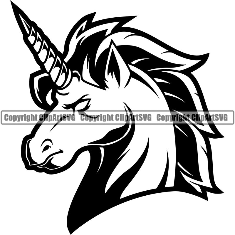 Unicorns Face Side View Sports Team Mascot Game Fantasy eSport Unicorn Black and White Animal Vector Symbol Design ClipArt SVG