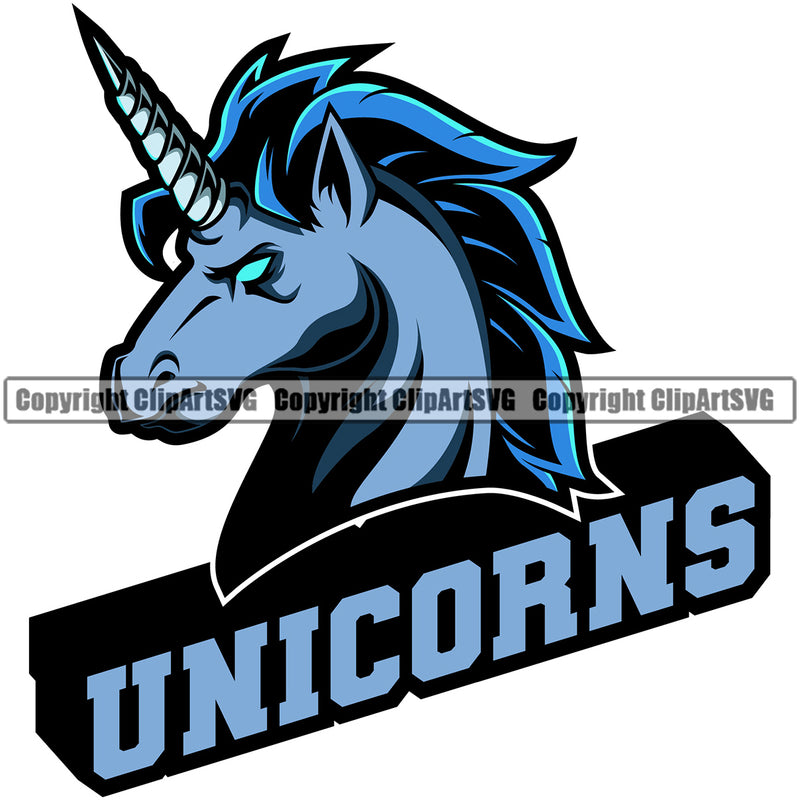 Unicorns Face Side View Sports Team Mascot Game Fantasy eSport Unicorn Blue Animal Logo Symbol Design ClipArt SVG