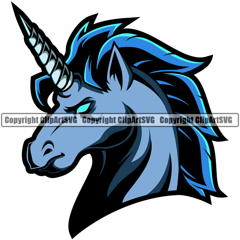 Unicorns Face Side View Sports Team Mascot Game Fantasy eSport Unicorn Blue Animal Vector Symbol Design ClipArt SVG