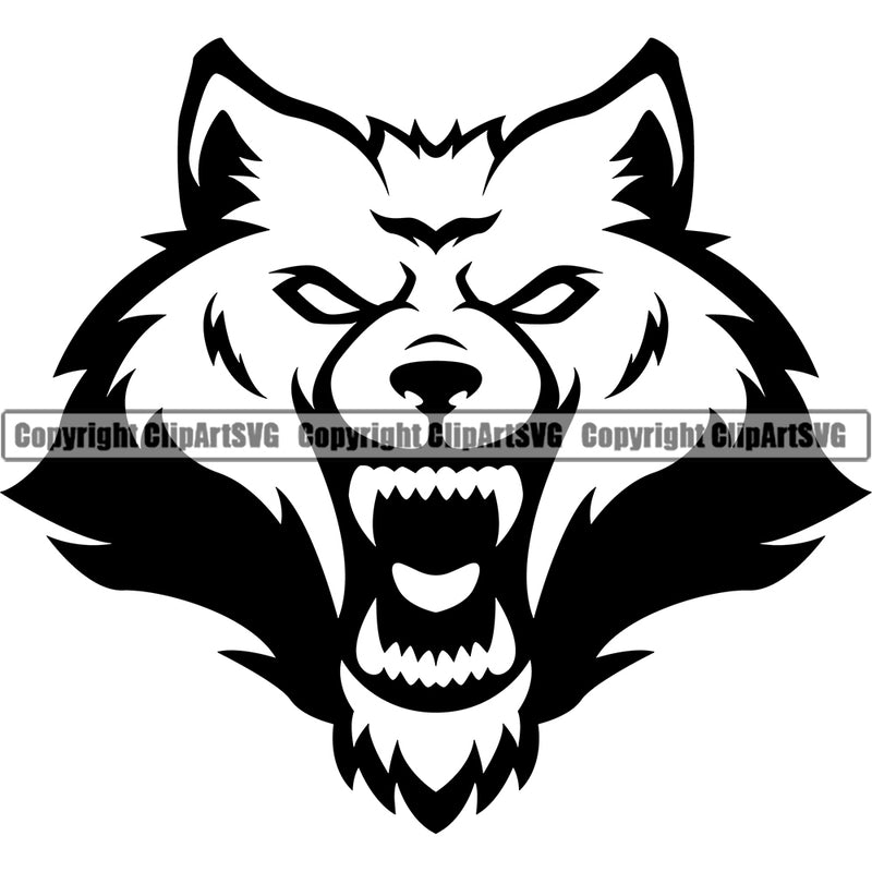 Wolf Angry Face Long Sharp Horror Teeth Sports Team Mascot Game Fantasy eSport Black And White Wolves Animal Open Mouth Vector Symbol Design ClipArt SVG