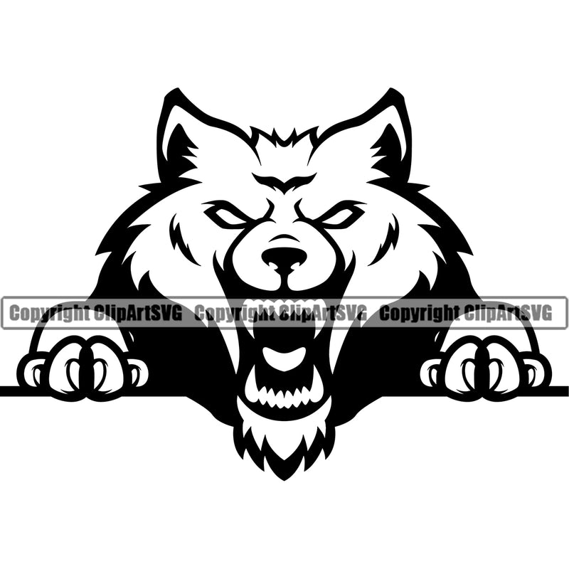 Wolf Angry Face Long Sharp Horror Teeth Arms Claws Sports Team Mascot Game Fantasy eSport Black And White Wolves Animal Open Mouth Vector Symbol Design ClipArt SVG