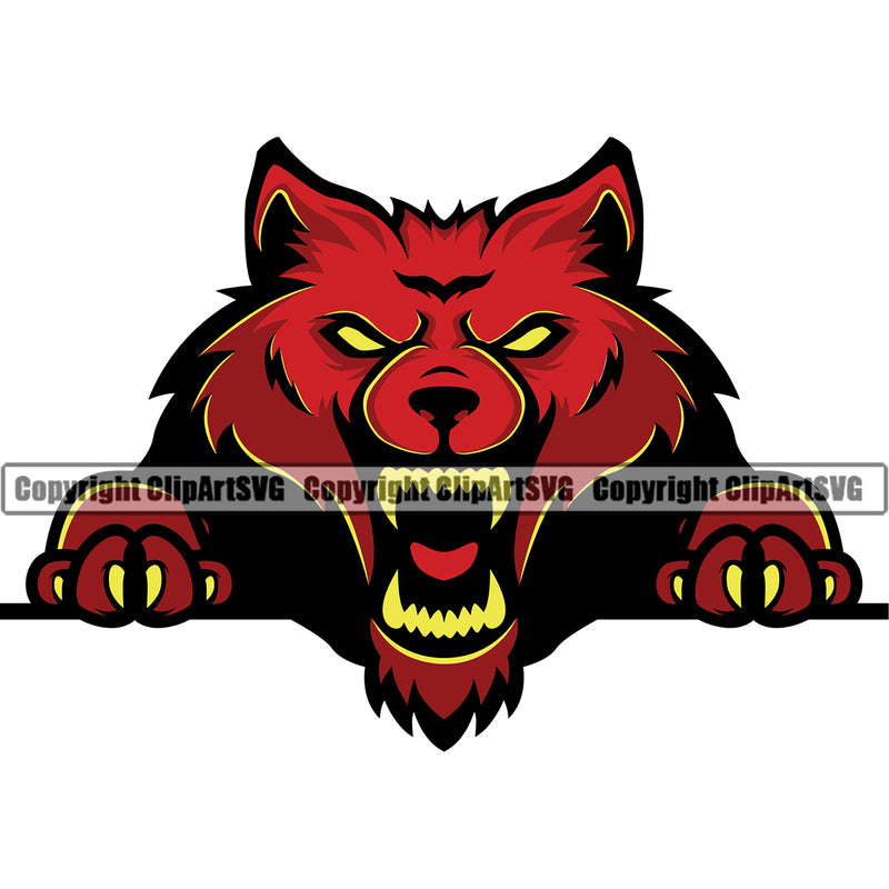 Wolf Angry Face Long Sharp Yellow Horror Teeth Eyes Arms Claws Sports Team Mascot Game Fantasy eSport Red Wolves Animal Open Mouth Vector Symbol Design ClipArt SVG