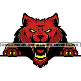 Wolf Angry Face Long Sharp Yellow Horror Teeth Eyes Arms Claws Sports Team Mascot Game Fantasy eSport Red Wolves Animal Open Mouth Vector Symbol Design ClipArt SVG