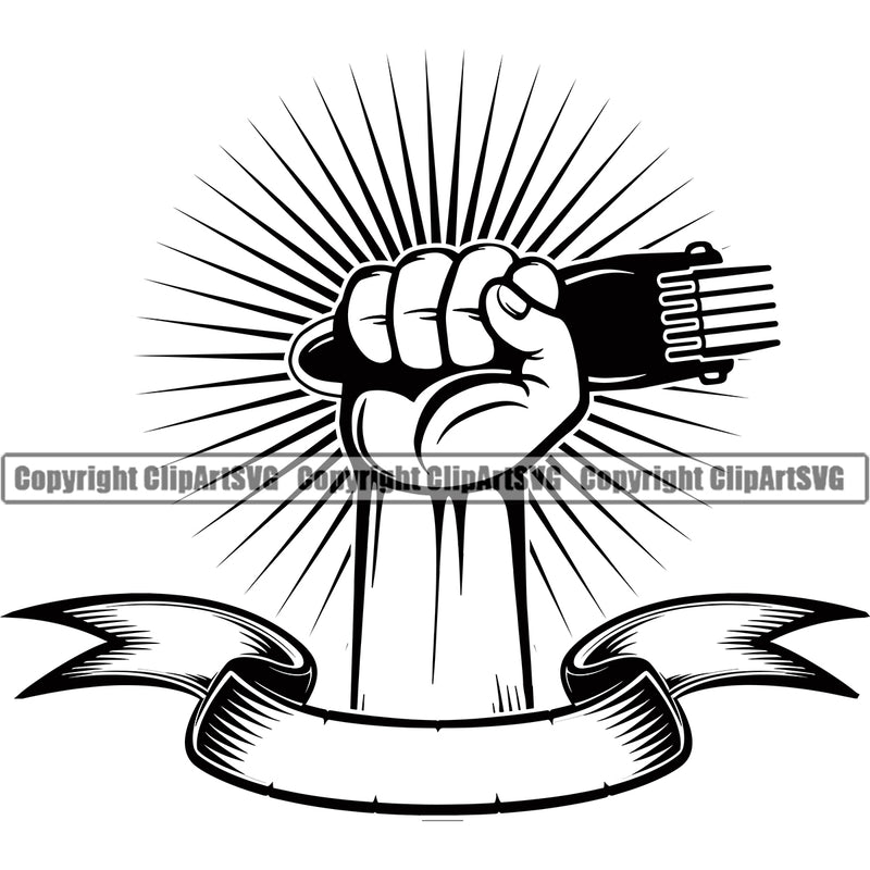 Barber Hand Holding Hair Clippers Chipper Arm Rib Hand Power Color Barbershop Hair Cut Hairdresser Haircut Hairstyle Hairstylist Beauty Salon Beard Shave Shaving Groom Grooming Design Element Retro Vintage Business Company Logo Clipart SVG