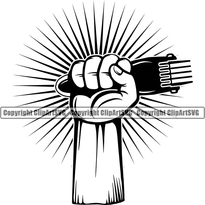 Barber Hand Holding Hair Clippers Clipper Power Arm Sun Barbershop Hair Cut Hairdresser Haircut Hairstyle Hairstylist Beauty Salon Beard Shave Shaving Groom Grooming Design Element Retro Vintage Business Company Logo Clipart SVG