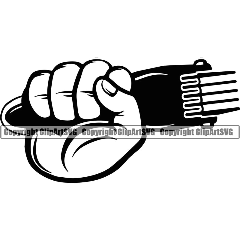Barber Hand Holding Hair Clippers Barbershop Hair Cut Hairdresser Hairstyle Hairstylist Scissors Razor Mustache Professional Beauty Salon Beard Shave Shaving Groom Grooming Design Element Retro Vintage Business Company Logo Clipart SVG