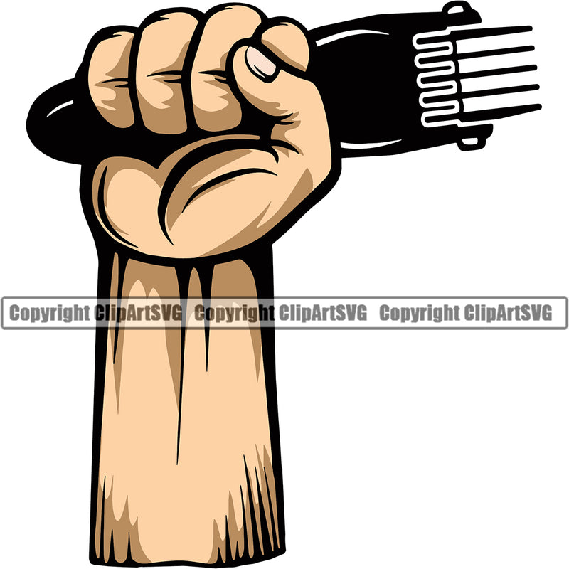 Barber Hand Holding Hair Clippers Power Color Arm Barbershop Hair Cut Hairdresser Haircut Hairstyle Beauty Salon Beard Shave Shaving Groom Grooming Design Element Retro Vintage Business Company Logo Clipart SVG