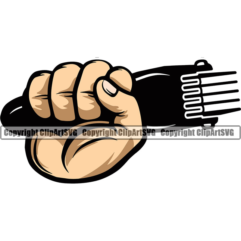Barber Hand Holding Hair Clipper Clippers Scissors Razor Barbershop Power With Color Arm Hair Cut Hairdresser Haircut Hairstyle Hairstylist Beauty Salon Beard Shave Shaving Groom Grooming Design Element Retro Vintage Business Company Logo Clipart SVG