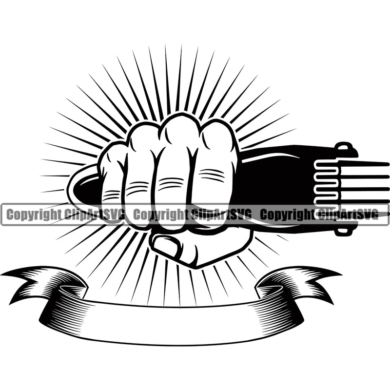 Barber Hand Holding Hair Clippers Clippers Shop Barbershop Punch Sun Rib Hair Cut Hairdresser Haircut Hairstyle Beauty Salon Beard Shave Shaving Groom Grooming Design Element Retro Vintage Business Company Logo Clipart SVG
