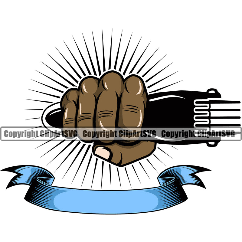 Barber Hand Holding Hair Clippers Punch Color Sun Rib Black African American Barbershop Hair Cut Haircut Hairstyle Hairstylist Beauty Salon Beard Shave Shaving Groom Grooming Design Element Retro Vintage Business Company Logo Clipart SVG