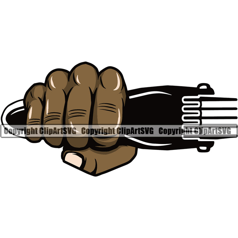 Barber Hand Holding Hair Clippers Shop Barbershop Hair Clipper Cut Black African American Hairdresser Haircut Hairstyle Hairstylist Beauty Salon Beard Shave Shaving Groom Grooming Design Element Retro Vintage Business Company Logo Clipart SVG