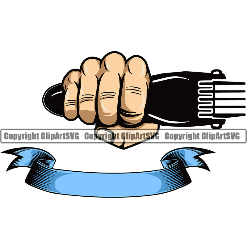 Barber Hand Holding Hair Clippers Clippers Punch Power Shop White Caucasian Barbershop Hair Cut Haircut Hairstyle Hairstylist Beauty Salon Beard Shave Shaving Groom Grooming Design Element Retro Vintage Business Company Logo Clipart SVG