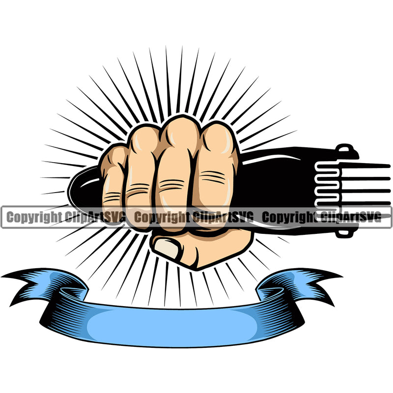 Barber Hand Holding Hair Clippers Shop Barbershop Punch Power Color Sun Rib White Caucasian Hair Cut Hairdresser Haircut Hairstylist Beauty Salon Beard Shave Shaving Groom Grooming Design Element Retro Vintage Business Company Logo Clipart SVG