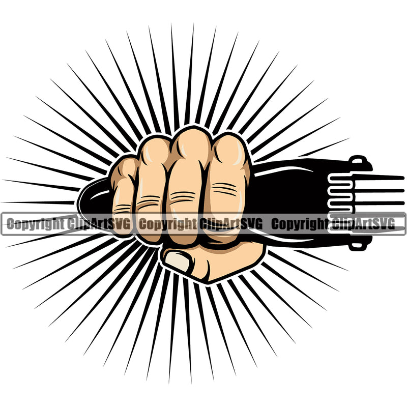 Barber Hand Holding Hair Clippers Shop Barbershop Hair Cut Clipper Clippers White Caucasian Haircut Punch Color Sun Rib Hairstyle Hairstylist Beauty Salon Beard Shave Shaving Groom Grooming Design Element Retro Vintage Business Company Logo Clipart SVG