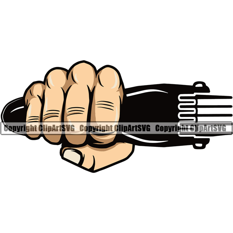 Barber Hand Holding Hair Clippers Barbershop Punch White Caucasian Color Hair Cut Haircut Hairstyle Hairstylist Beauty Salon Beard Shave Shaving Groom Grooming Design Element Retro Vintage Business Company Logo Clipart SVG