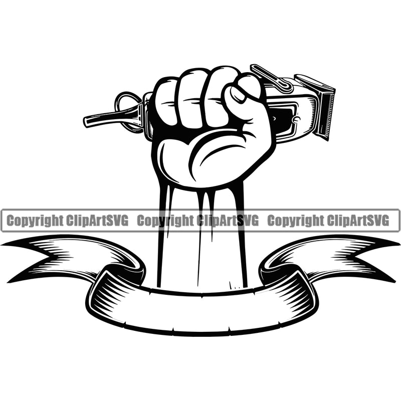 Barber Hand Holding Hair Clippers Clippers Arm Rib Shop Barbershop Power Hair Cut Hairdresser Haircut Hairstyle Beauty Salon Beard Shave Shaving Groom Design Element Retro Vintage Business Logo Clipart SVG