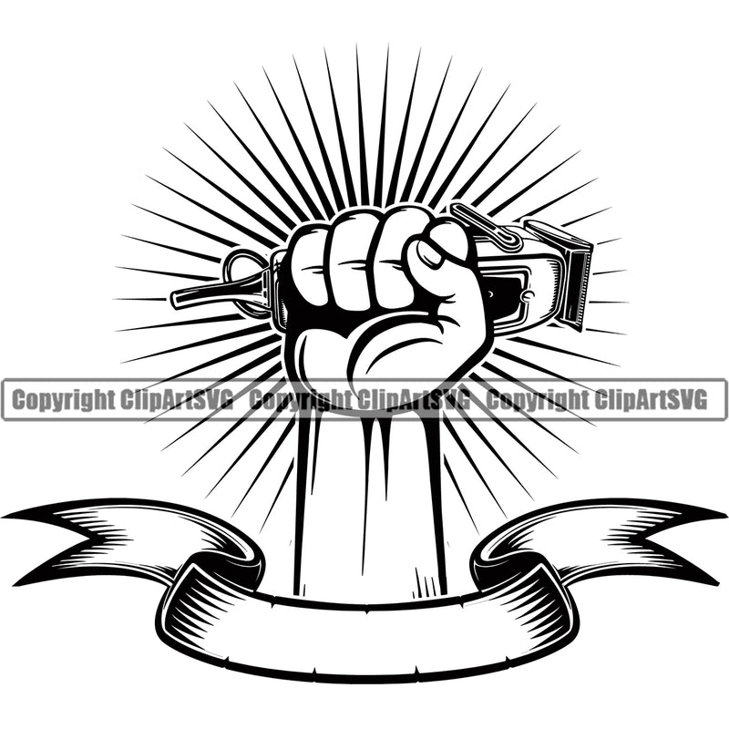 Barber Hand Holding Hair Clippers Clipper Arm Sun Rib Shop Barbershop Power Hair Cut Hairdresser Haircut Hairstyle Hairstylist Beauty Salon Beard Shave Shaving Groom Grooming Design Element Retro Vintage Business Company Logo Clipart SVG