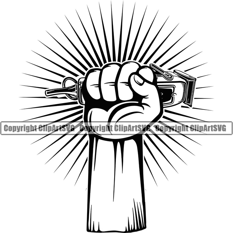 Barber Hand Holding Hair Clippers Shop Clippers Arm Sun Barbershop Power Hair Cut Hairdresser Haircut Hairstyle Beauty Salon Beard Shave Shaving Groom Grooming Design Element Retro Vintage Business Company Logo Clipart SVG