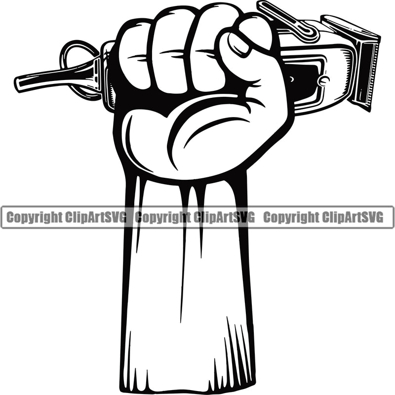 Barber Hand Holding Hair Clippers Shop Clipper Barbershop Power Hair Cut Haircut Hairstyle Hairstylist Beauty Salon Beard Shave Shaving  Grooming Design Element Retro Vintage Business Logo Clipart SVG